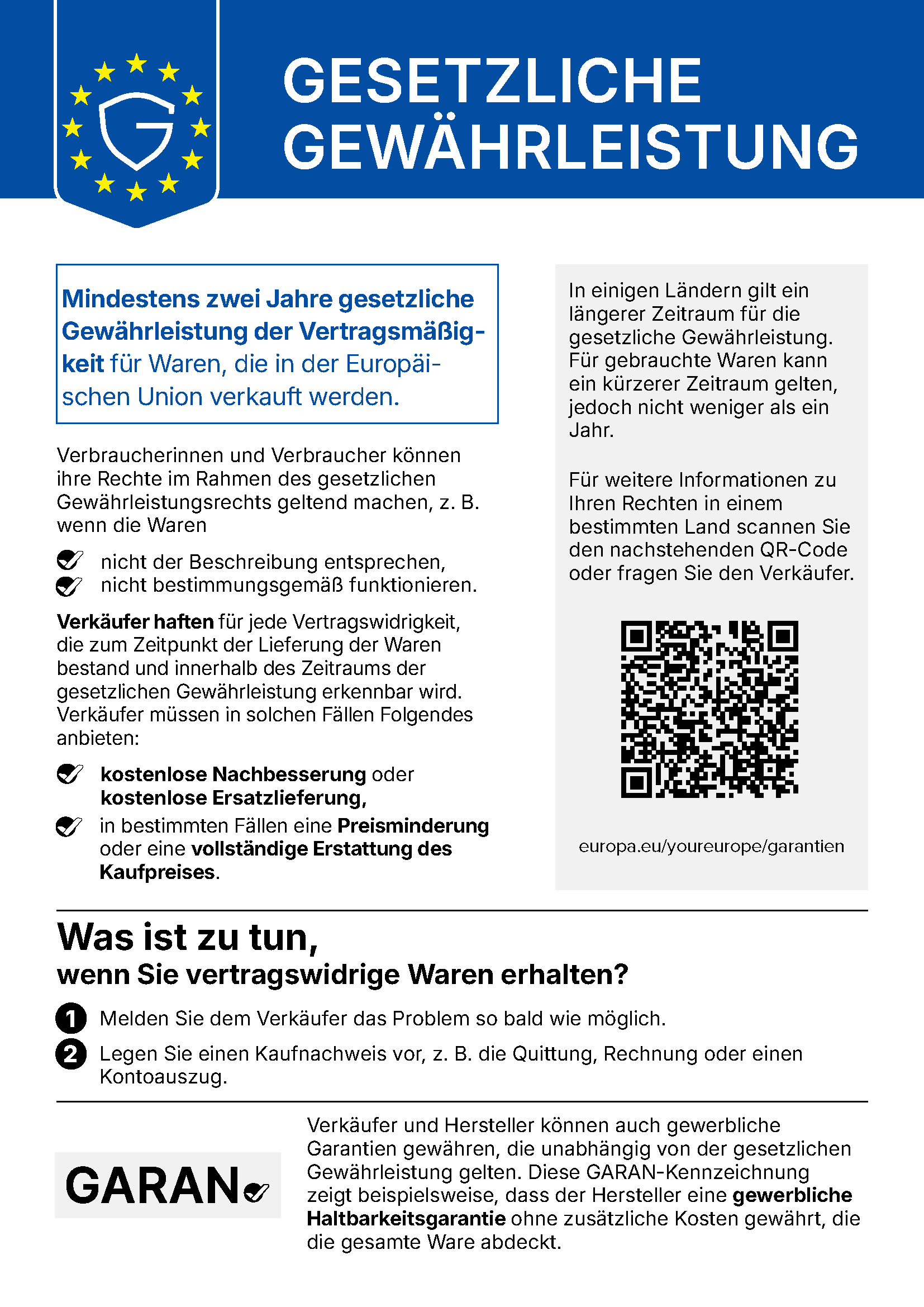 Informationen zu Ihren gesetzlichen Gewährleistungsrechten